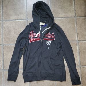 Areopostable XL charcoal sweater with red and white lettering